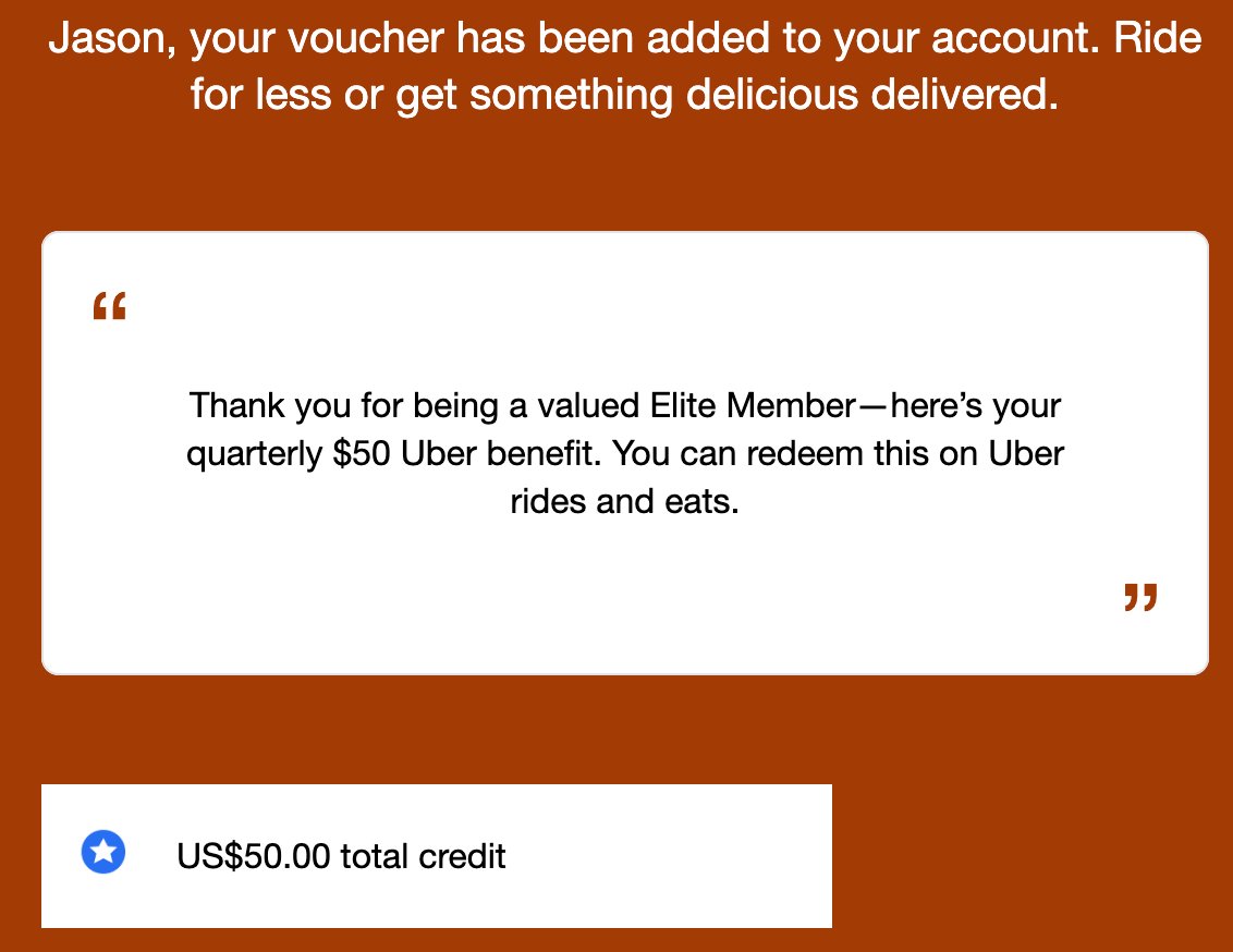 Uber email confirming a US$50 quarterly voucher from the FoundersCard Elite benefit