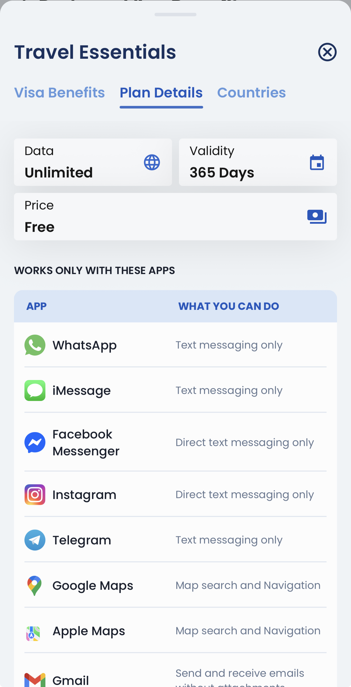 GigSky Travel Essentials plan showing unlimited data for 365 days limited to messaging and navigation apps