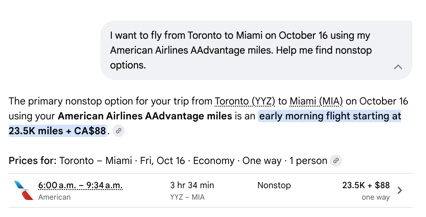 Google AI Mode showing a Toronto to Miami nonstop on American Airlines priced at 23.5K AAdvantage miles plus CA$88
