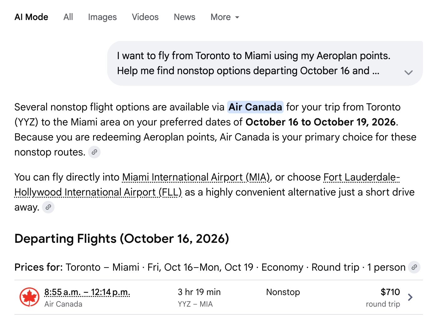Google AI Mode responding to an Aeroplan points request with Air Canada cash fares of $710 round trip