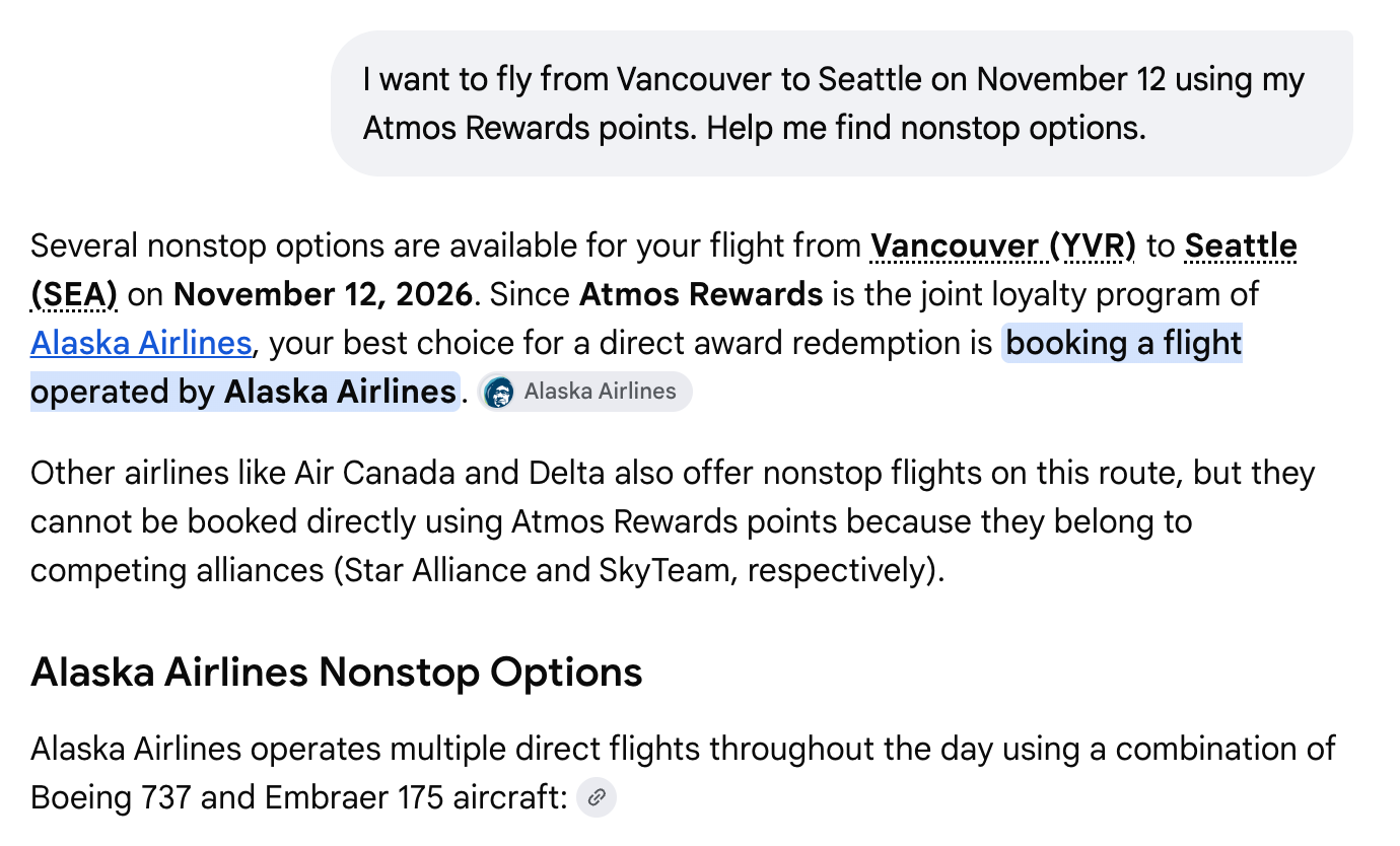 Google AI Mode answering a Vancouver to Seattle Atmos Rewards request with a text summary and no award pricing
