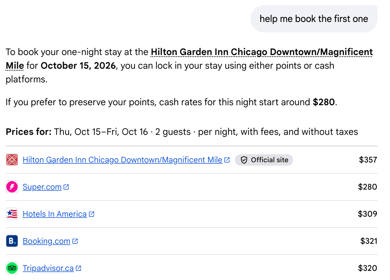 Google AI Mode responding to a Hilton booking request with cash rates from the official site and online travel agencies