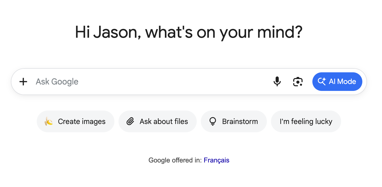 Google AI Mode home screen in Canada with the AI Mode button in the search bar