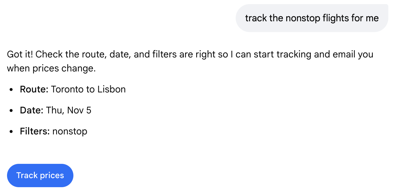 Google AI Mode confirming route, date, and nonstop filter before setting up a flight price tracker