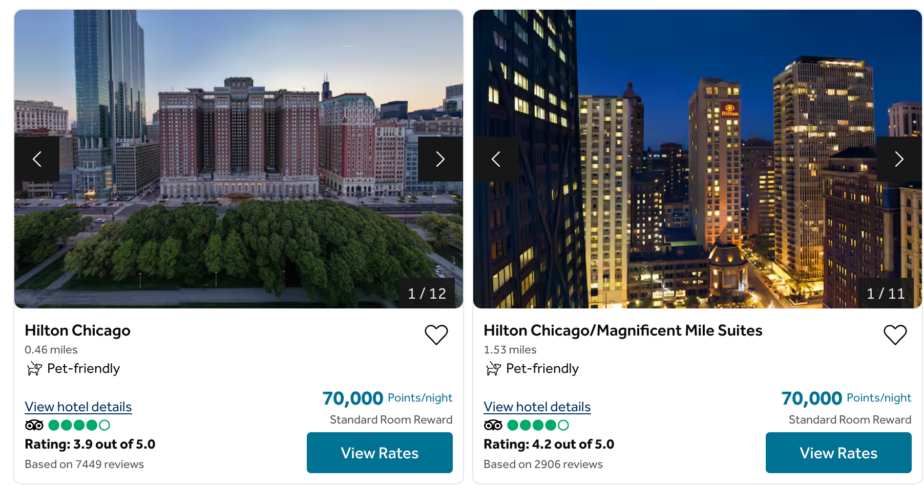 Hilton.com search results for Chicago on October 15, 2026 showing Hilton Chicago and Hilton Chicago/Magnificent Mile Suites at 70,000 points per night
