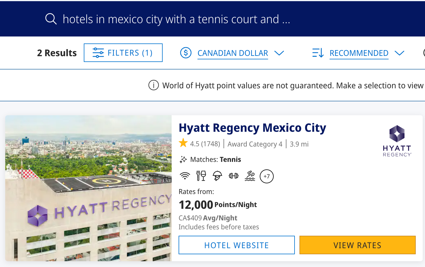 Hyatt.com natural-language search results for hotels in Mexico City with a tennis court under 25,000 points, showing Hyatt Regency Mexico City at 12,000 points per night and CA$409