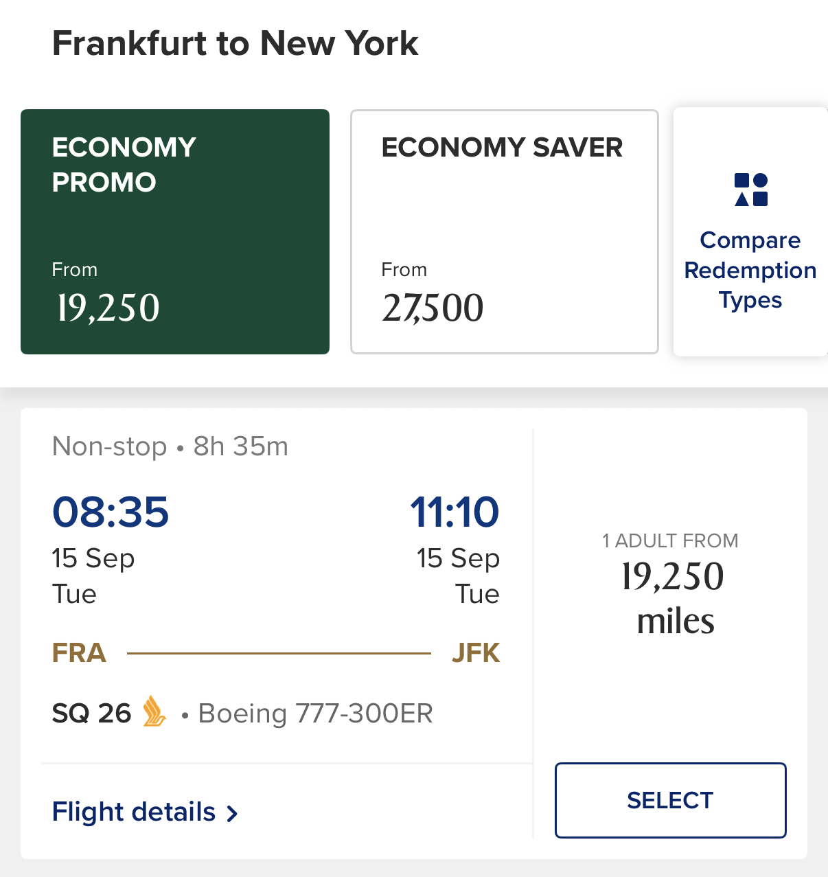 Frankfurt to New York Economy Promo award pricing at 19,250 KrisFlyer miles on Singapore Airlines flight SQ26