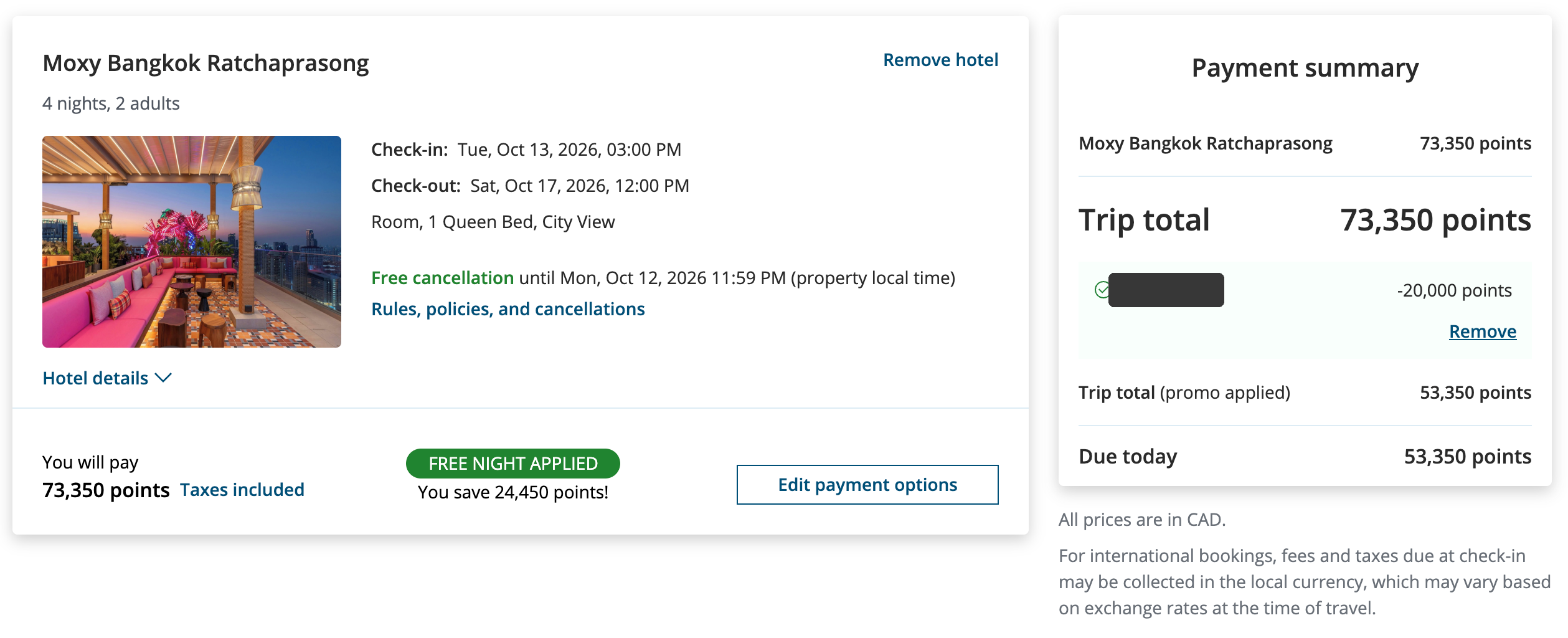 Moxy Bangkok Ratchaprasong four-night Aeroplan booking showing Fourth Night Free and the Elite promo code stacking