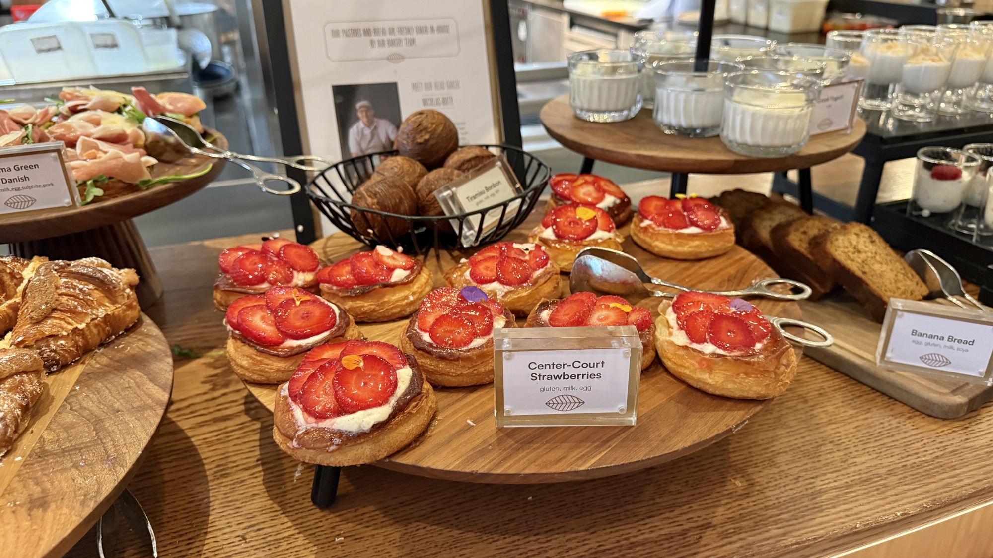 Strawberry tarts labelled Center Court Strawberries on the breakfast buffet during Wimbledon