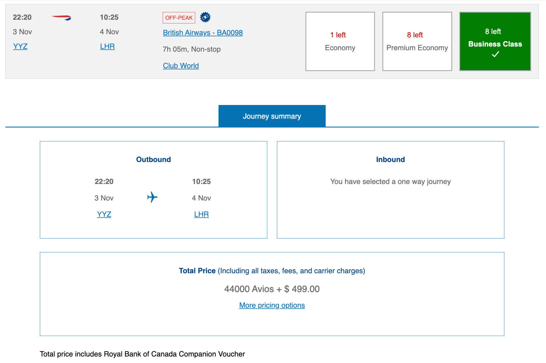 British Airways booking with the Royal Bank of Canada Companion Voucher applied, showing 44,000 Avios plus $499 one way in business class for one traveller