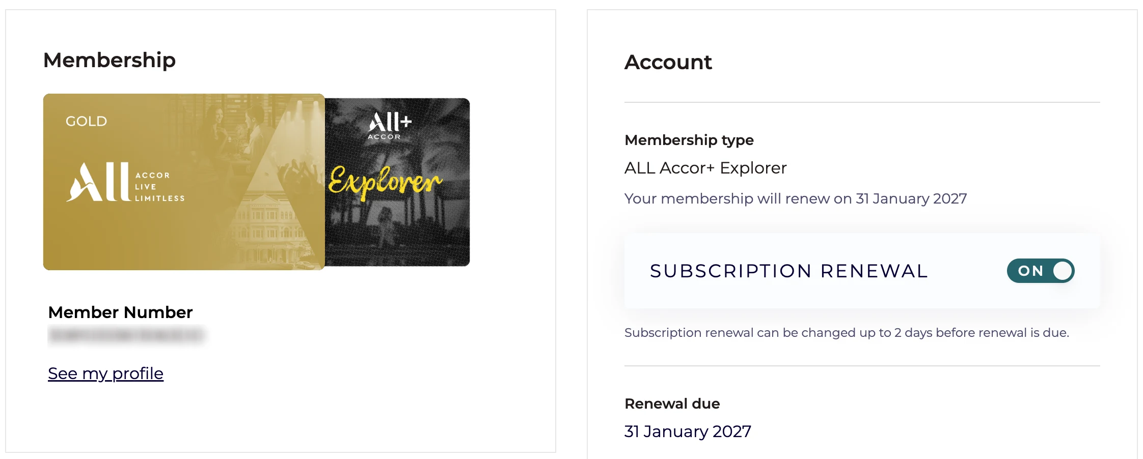 ALL Accor+ Explorer account page showing the subscription renewal toggle switched on