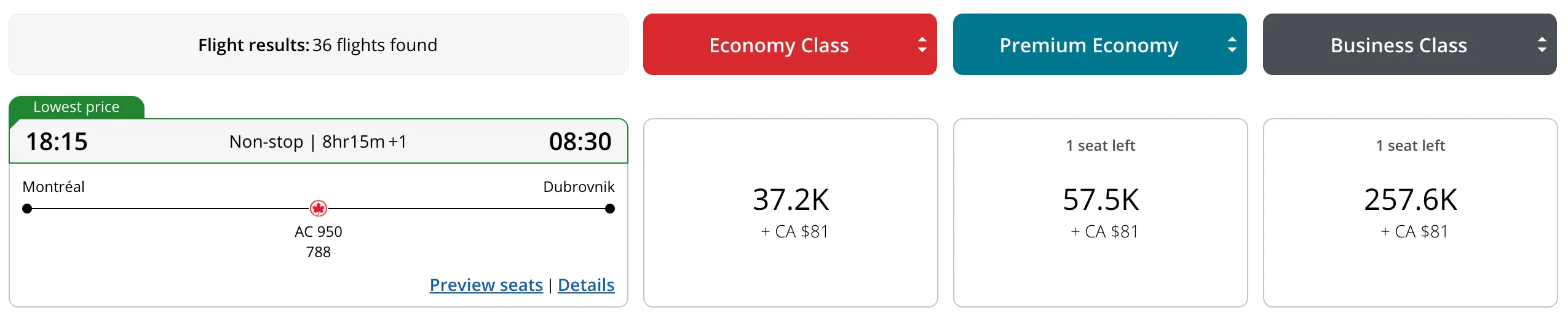 Aeroplan award pricing for Montréal to Dubrovnik on AC950