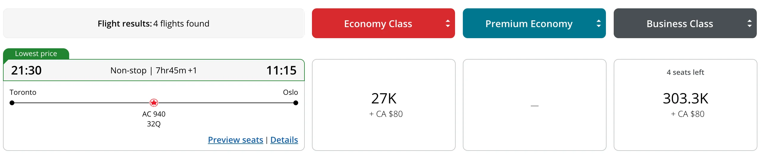 Aeroplan award pricing for Toronto to Oslo on AC940