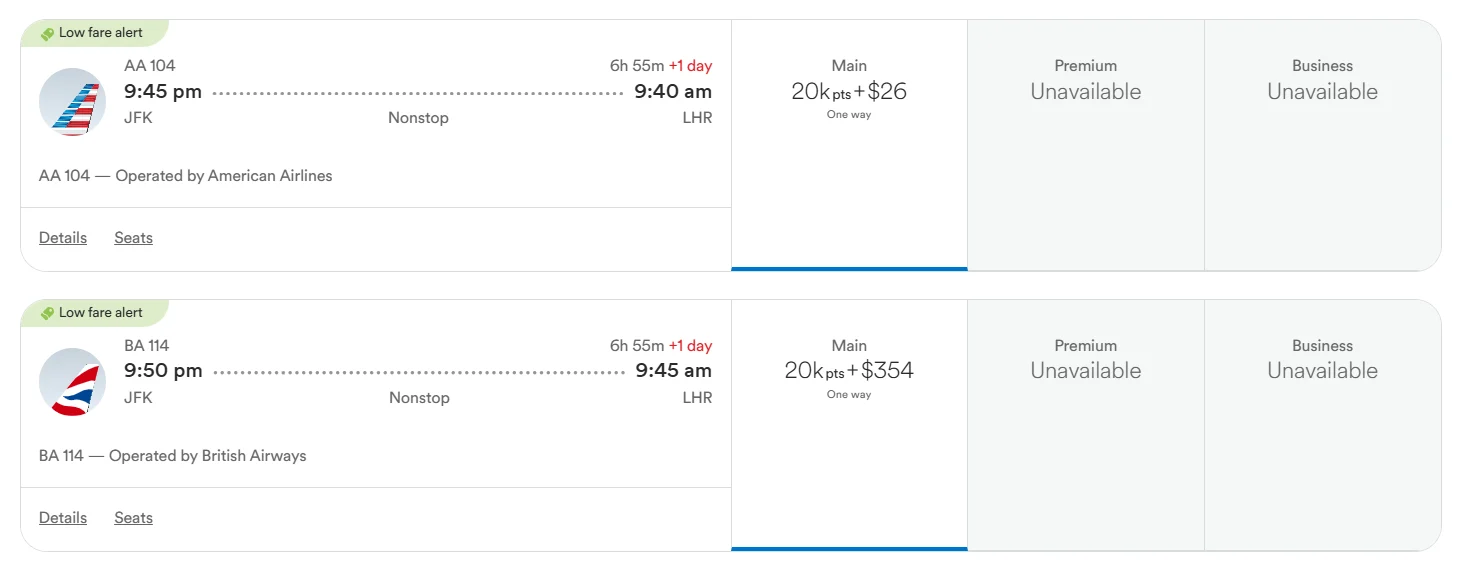 Atmos Rewards award search showing London at 20,000 points