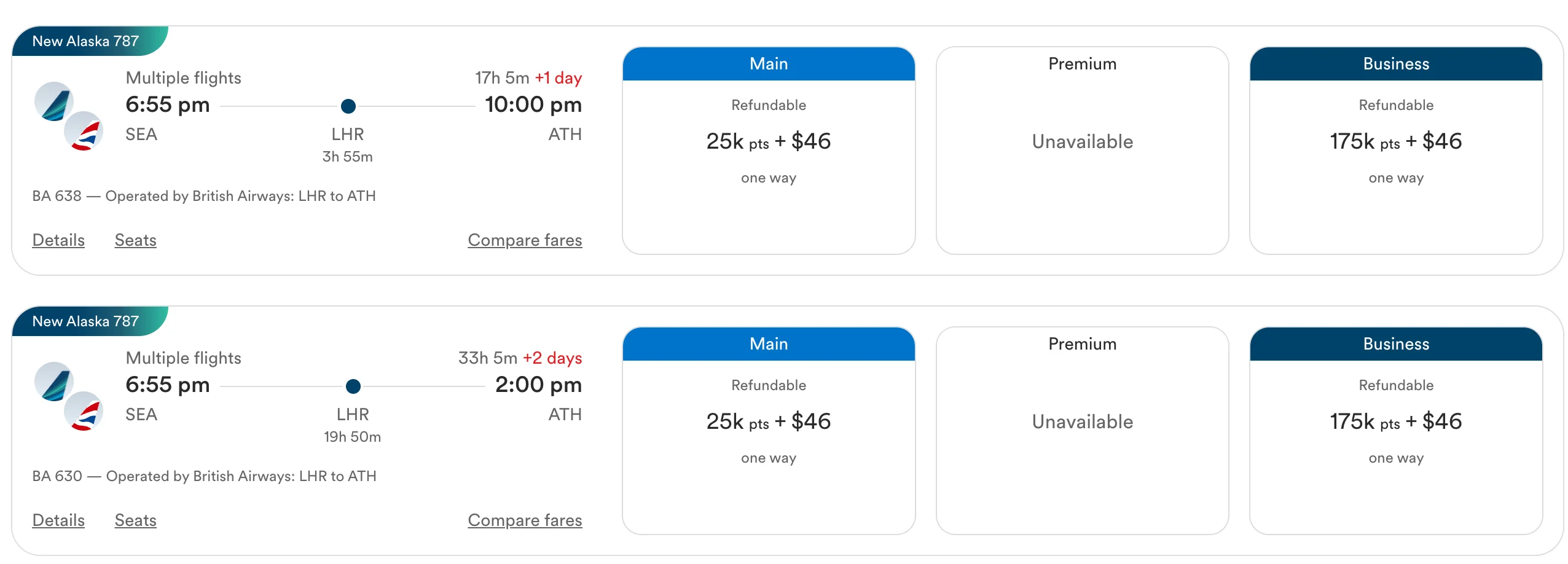 Atmos Rewards award search showing Seattle to Athens at 25,000 points