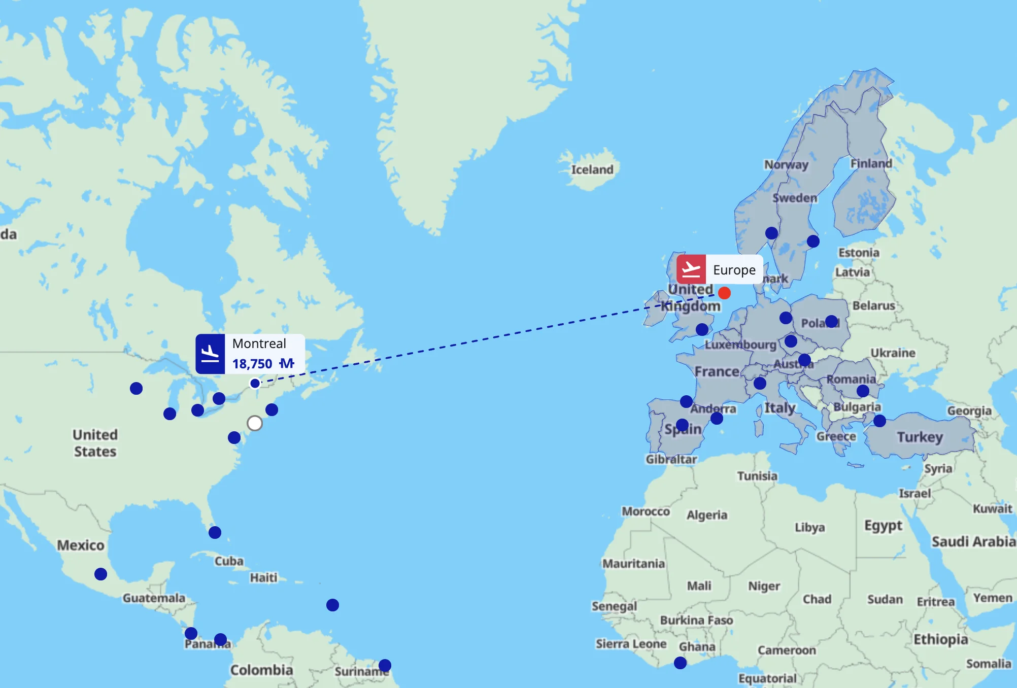 Flying Blue Promo Rewards map showing economy awards between Europe and Montreal for 18,750 miles