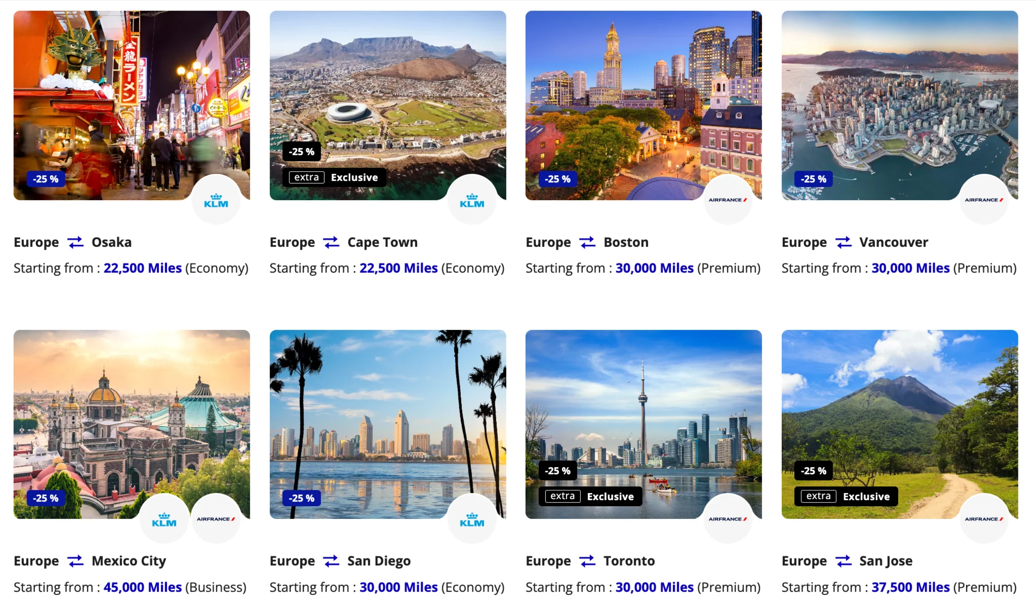 Flying Blue Promo Rewards for September 2026 showing discounted fares from Europe to Vancouver, Toronto, Boston, San Diego, Mexico City, Osaka, Cape Town, and San Jose