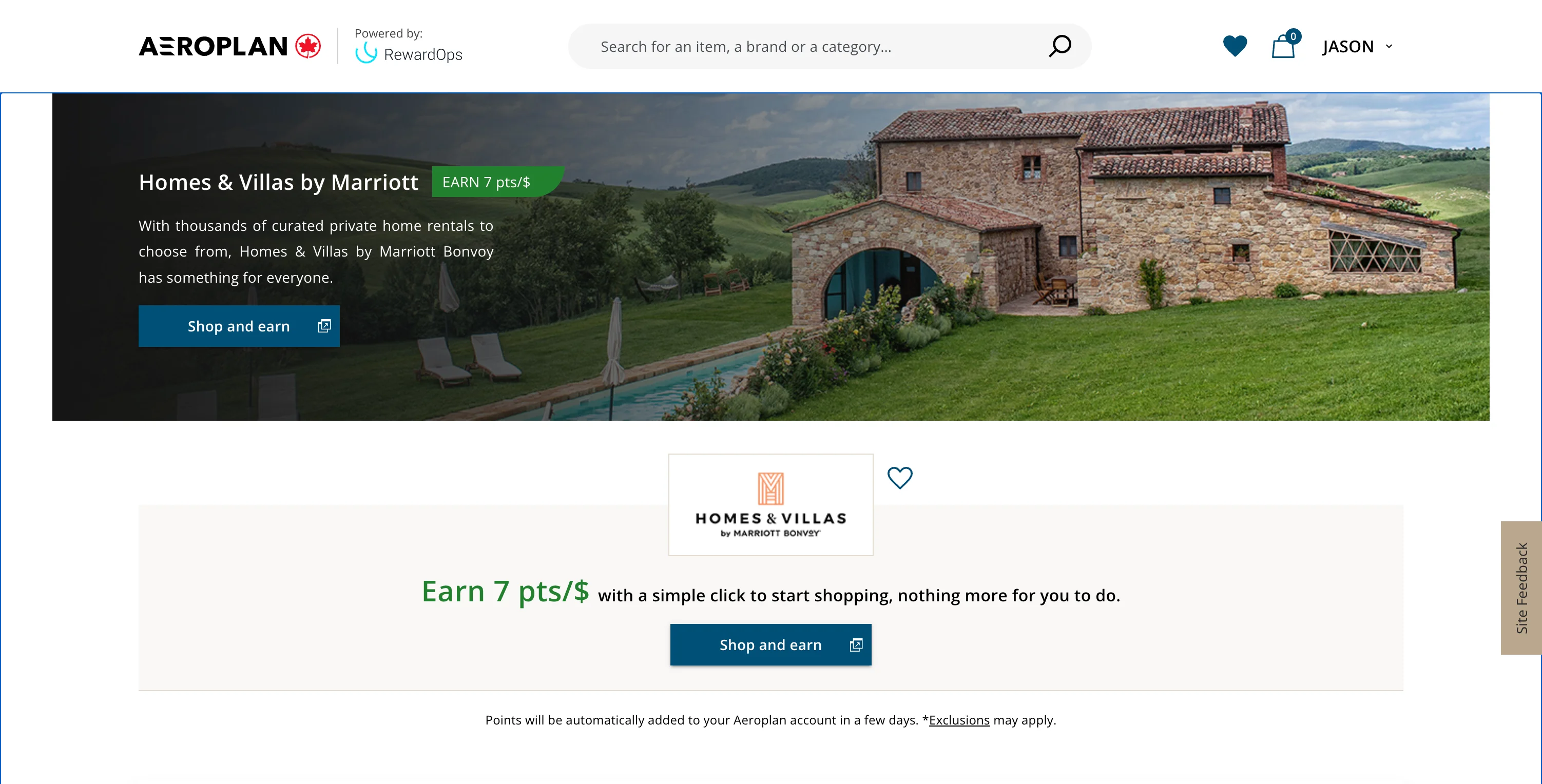 Aeroplan eStore listing for Homes & Villas by Marriott Bonvoy at 5x points