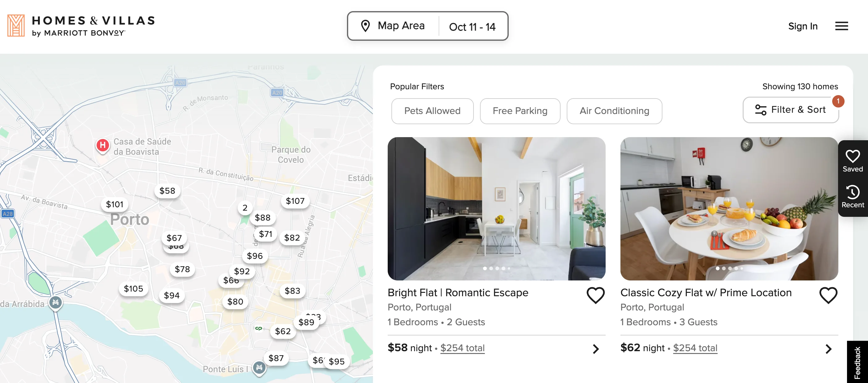 Homes & Villas by Marriott Bonvoy search results with map view