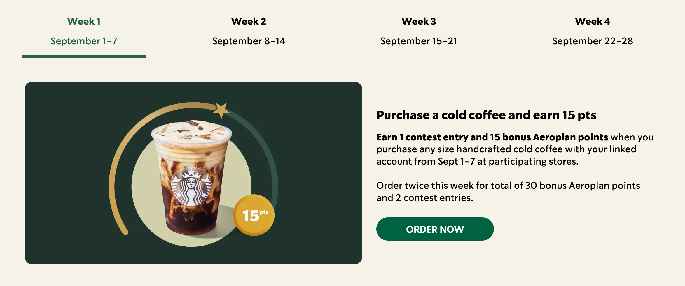 Sip-Tember Week 1 offer, 15 bonus Aeroplan points for a cold coffee