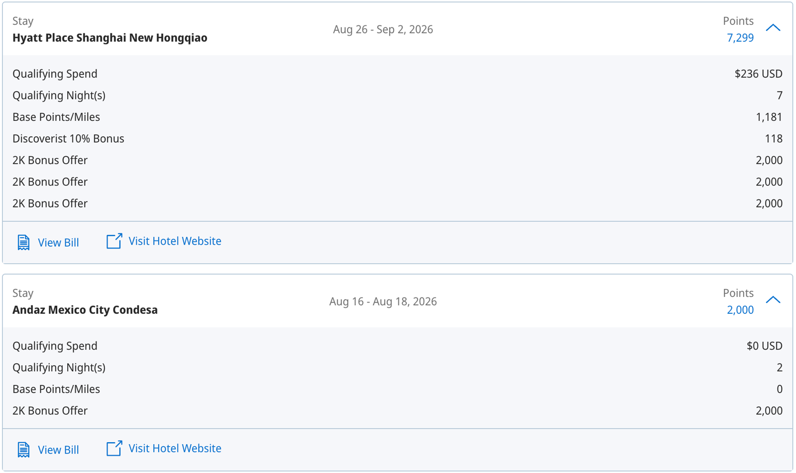World of Hyatt account activity showing bonus points earned from the summer 2026 promotion