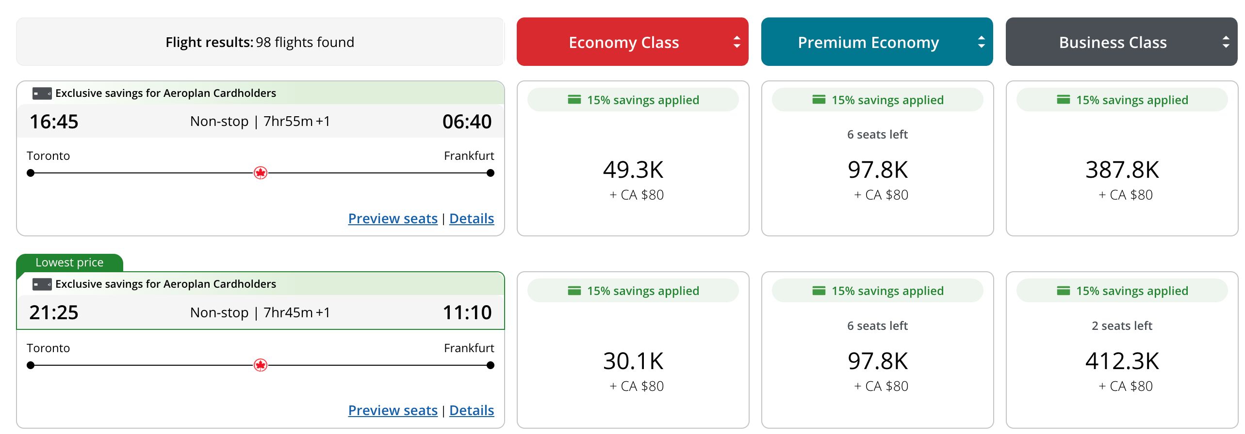 Aeroplan search results for Toronto to Frankfurt non-stop flights on an account with an Aeroplan credit card, showing 15% savings applied in economy, premium economy, and business class
