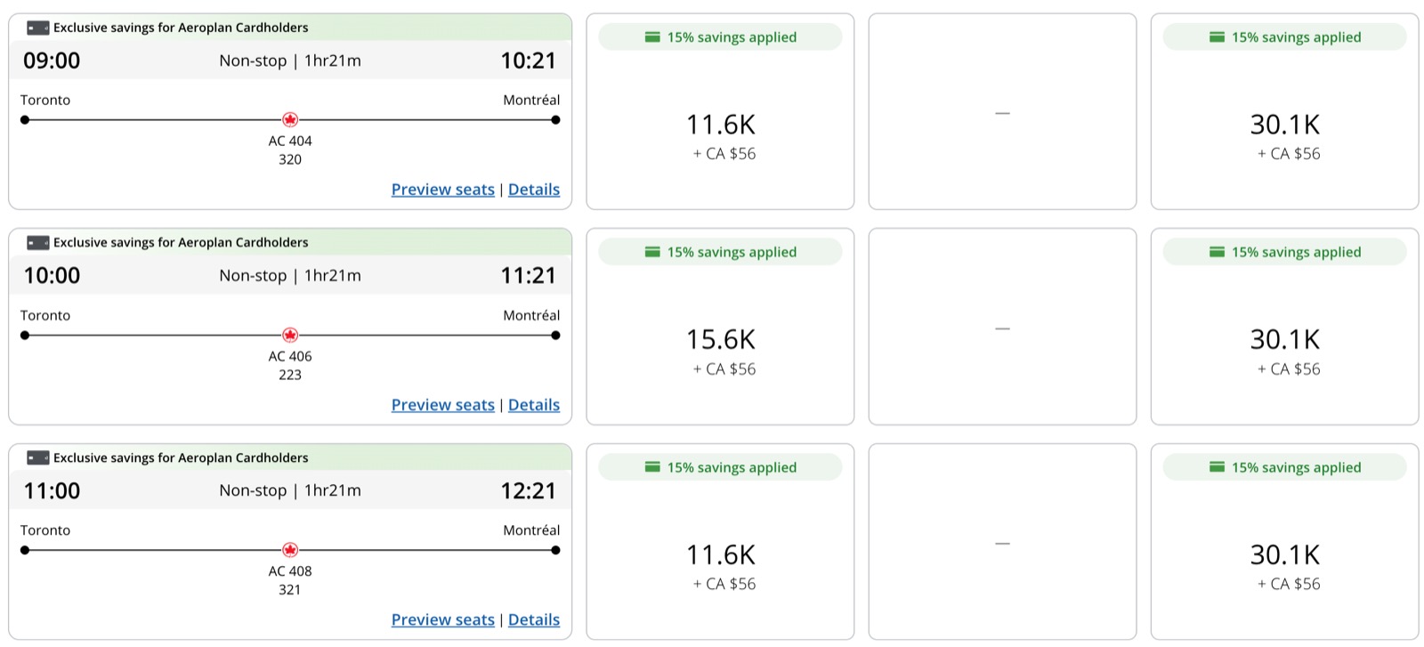 Aeroplan search results for Toronto to Montréal on an account with an Aeroplan credit card, showing 15% savings applied
