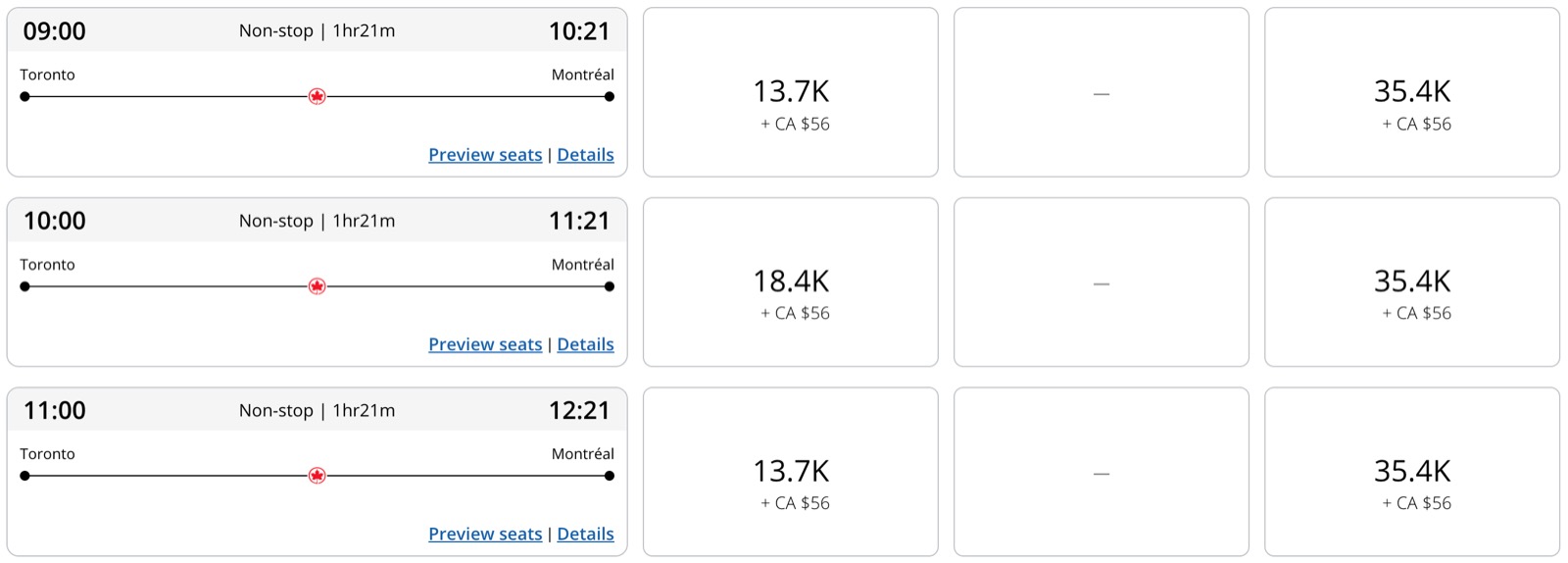Aeroplan search results for the same Toronto to Montréal flights on an account without an Aeroplan credit card