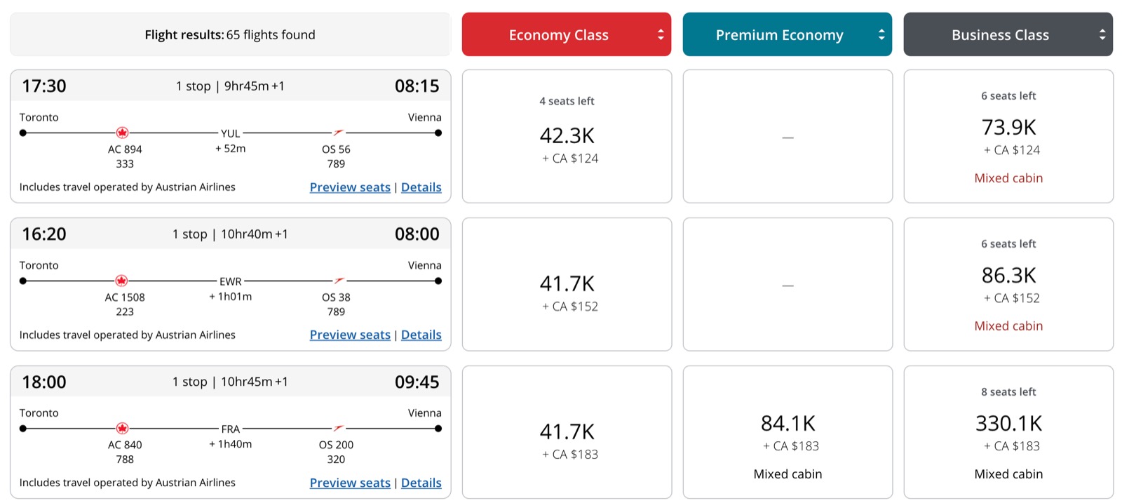 Aeroplan search results for Toronto to Vienna via Air Canada and Austrian Airlines on an account with an Aeroplan credit card, discounted but without a savings tag