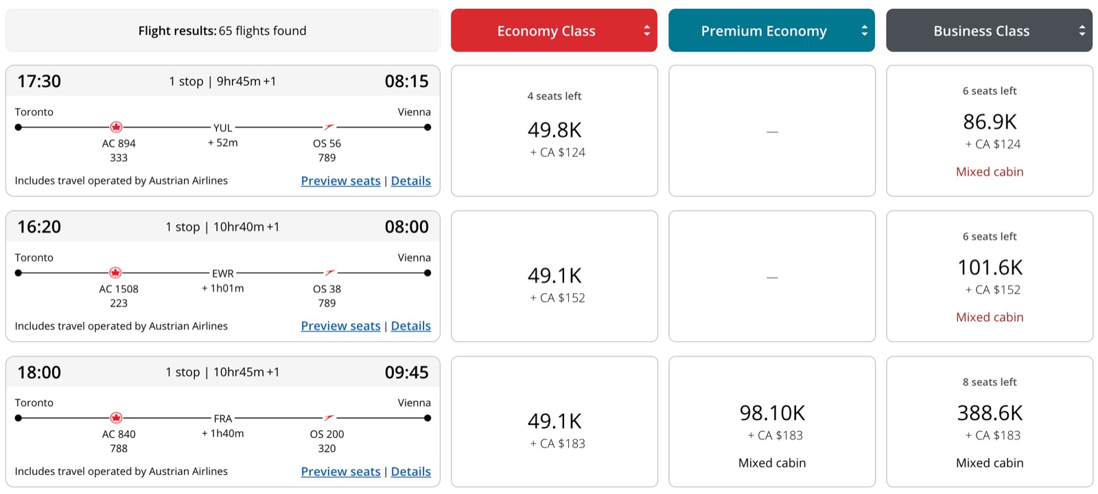 Aeroplan search results for the same Toronto to Vienna routings on an account without an Aeroplan credit card