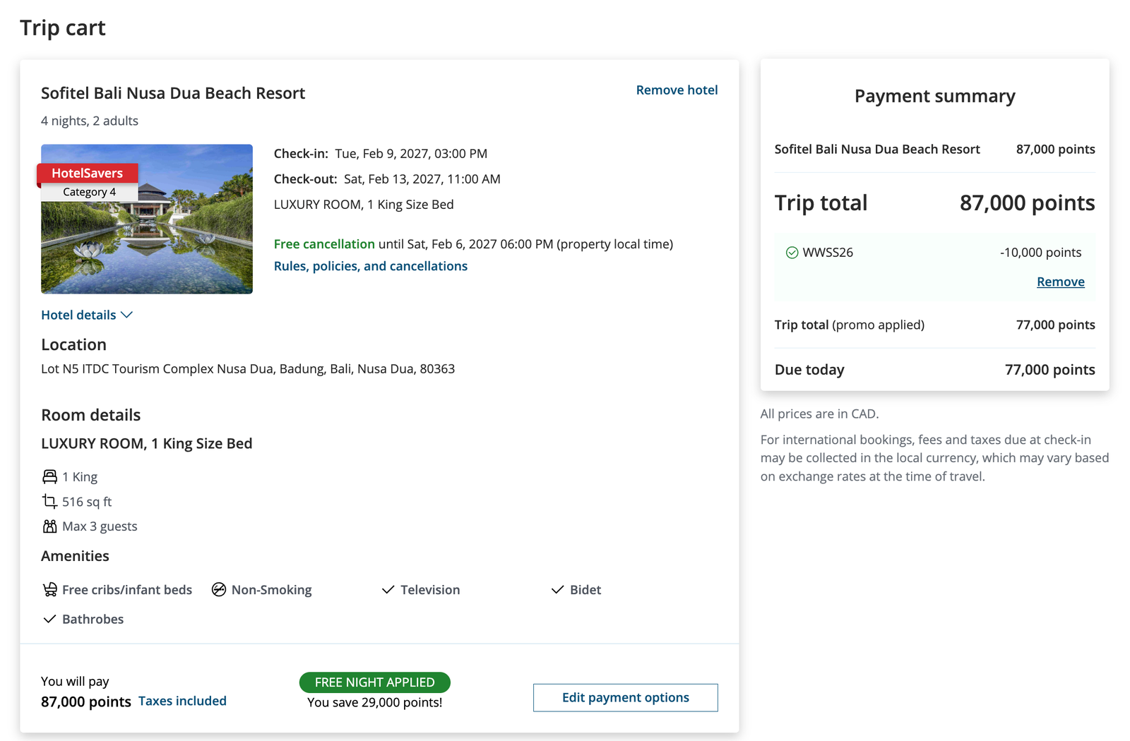 Aeroplan trip cart for four nights at Sofitel Bali Nusa Dua Beach Resort with promo code WWSS26 applied, 87,000 points reduced to 77,000