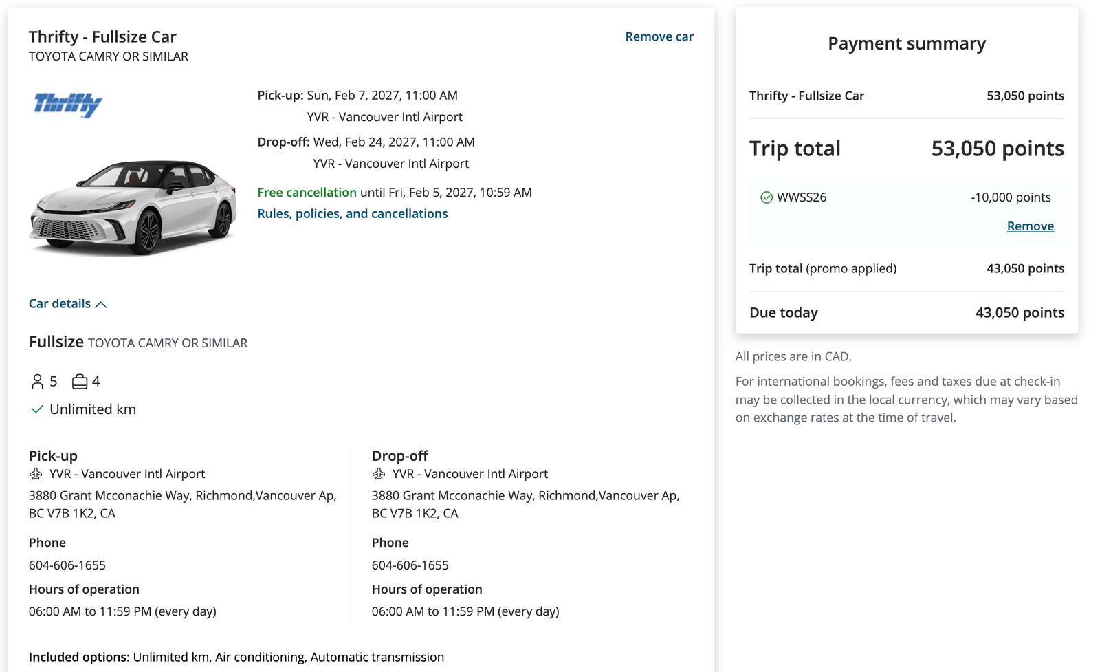 Aeroplan trip cart for a 17-day Thrifty full-size car rental at Vancouver International Airport with promo code WWSS26 applied, 53,050 points reduced to 43,050