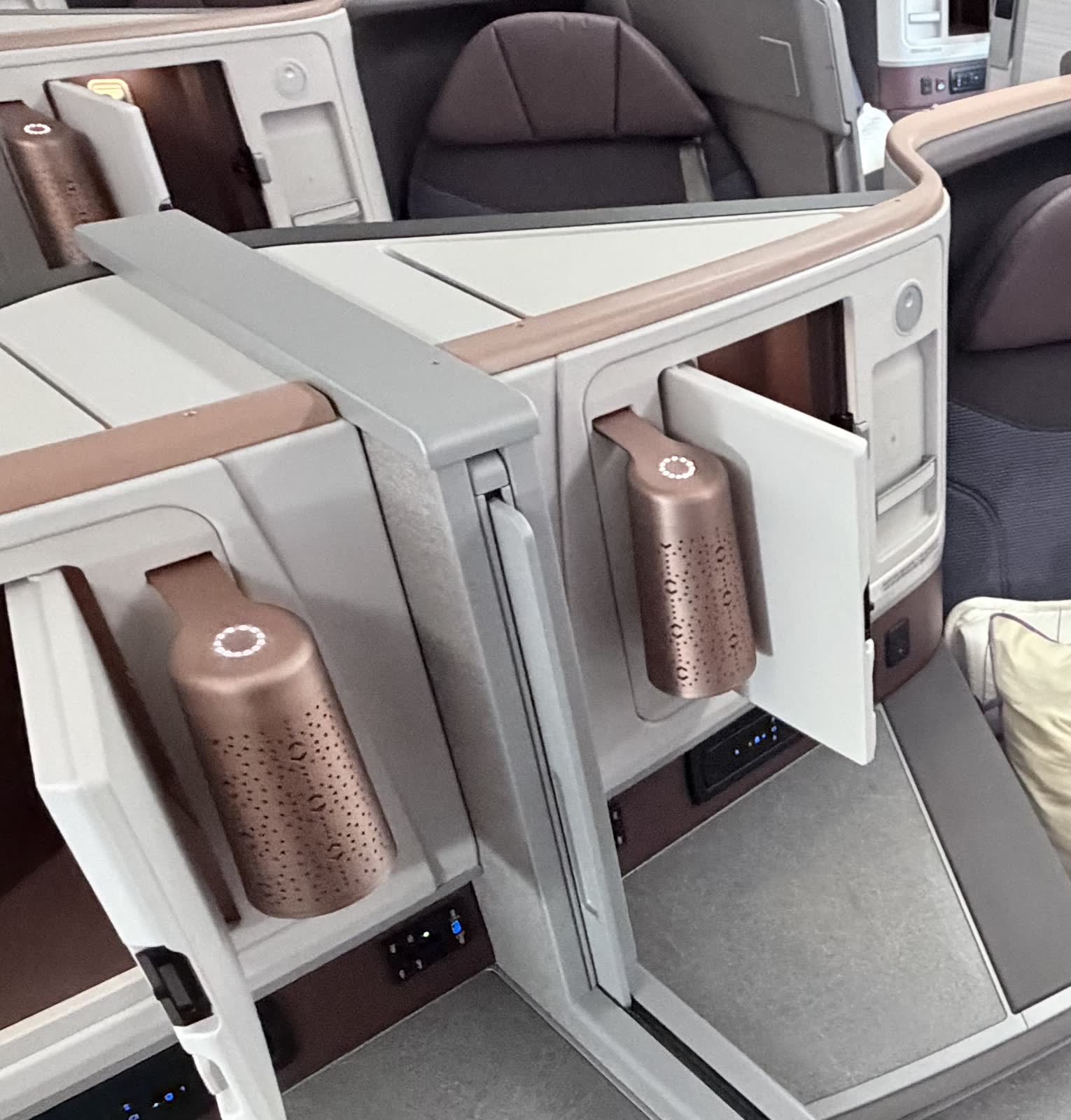 Copper feature lamps with a perforated jaali pattern in two Air India 787-9 business class suites