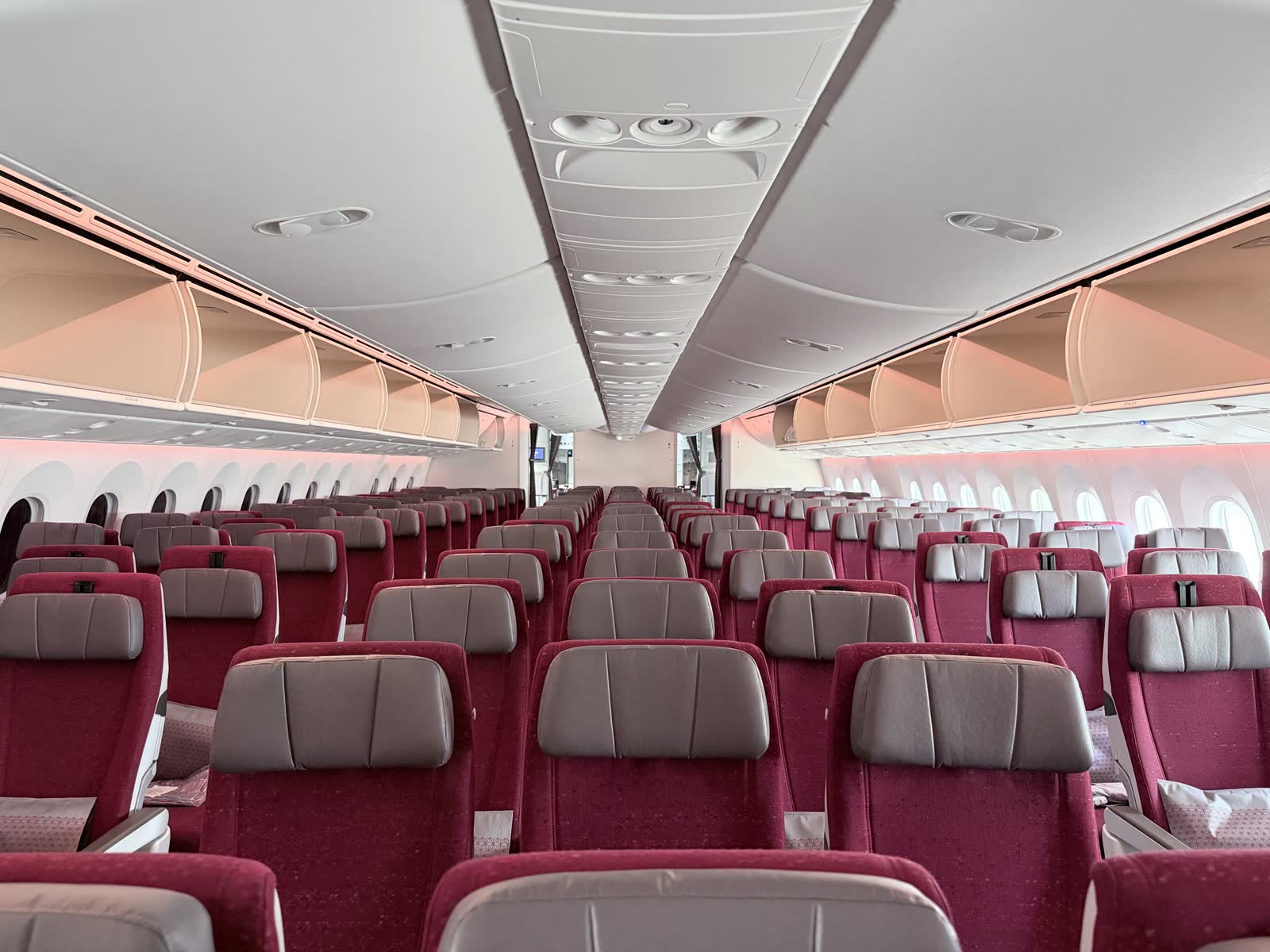 Air India 787-9 economy cabin with magenta seats and grey headrests in a 3-3-3 layout