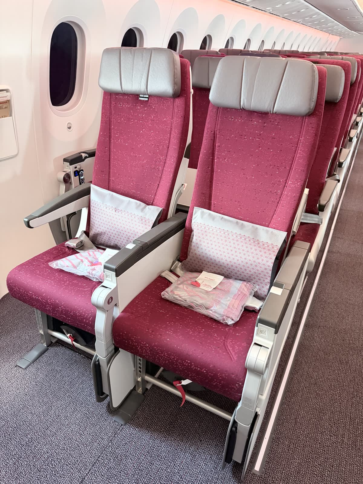A pair of magenta economy seats by the window, with grey headrests and a pillow and packaged blanket on each
