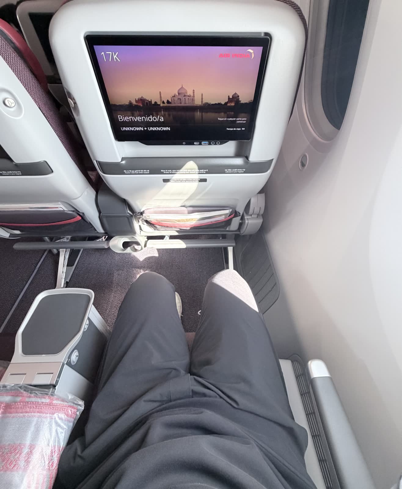 Seated view of a passenger's legs and the space ahead, with a bar under the seat in front and a seatback screen showing the Taj Mahal