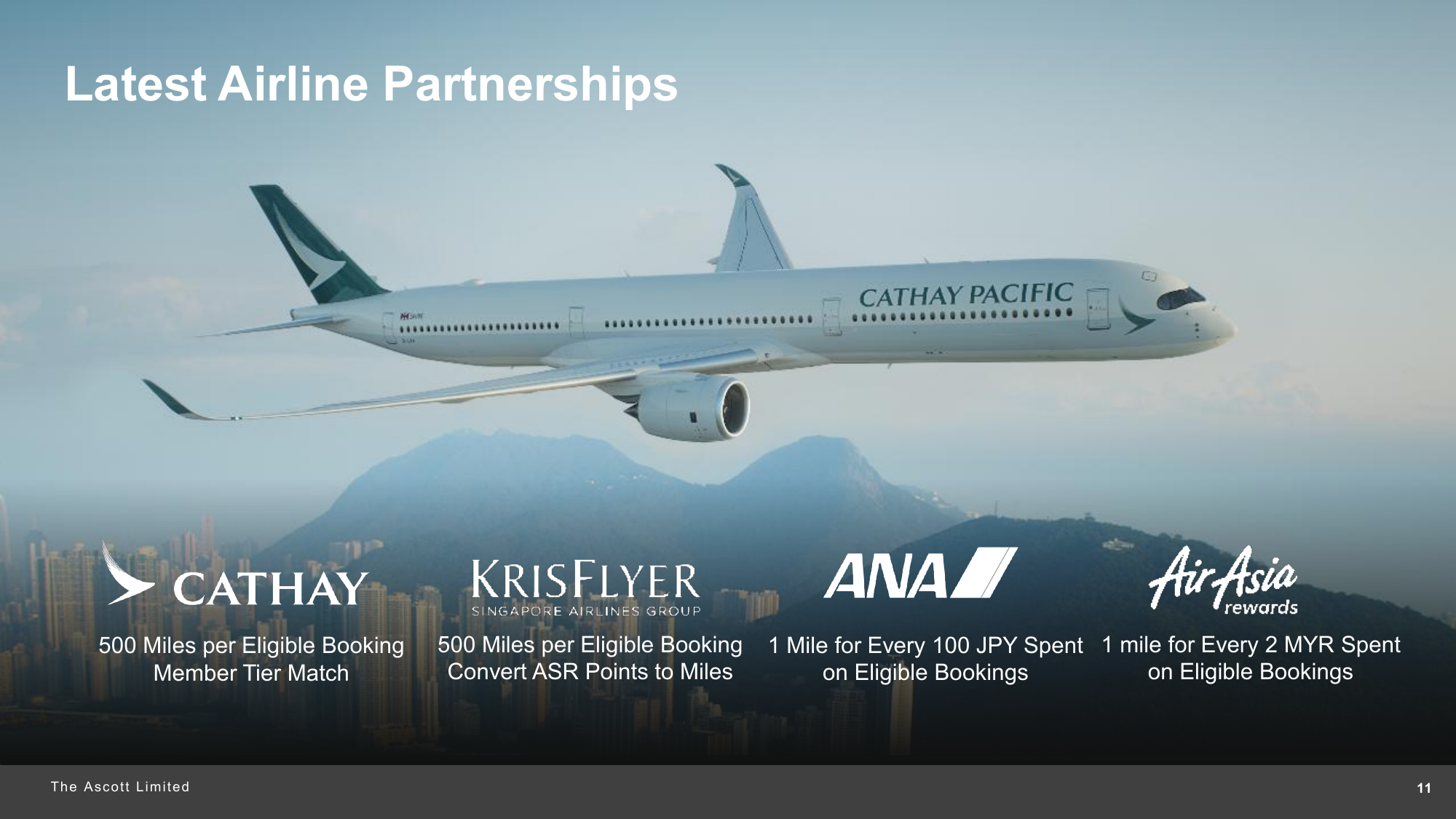 Ascott Star Rewards airline partnerships: Cathay Pacific and Singapore Airlines KrisFlyer earn 500 miles per eligible booking, ANA earns 1 mile per 100 yen, and AirAsia rewards earns 1 mile per 2 ringgit