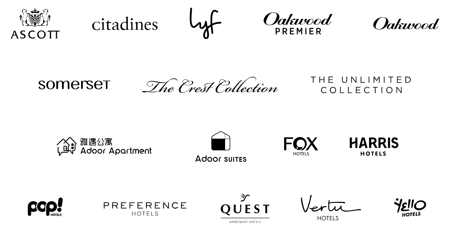 The 17 brands in the Ascott Star Rewards portfolio, from Ascott and The Crest Collection to lyf, Citadines, Oakwood, Quest, and Harris Hotels