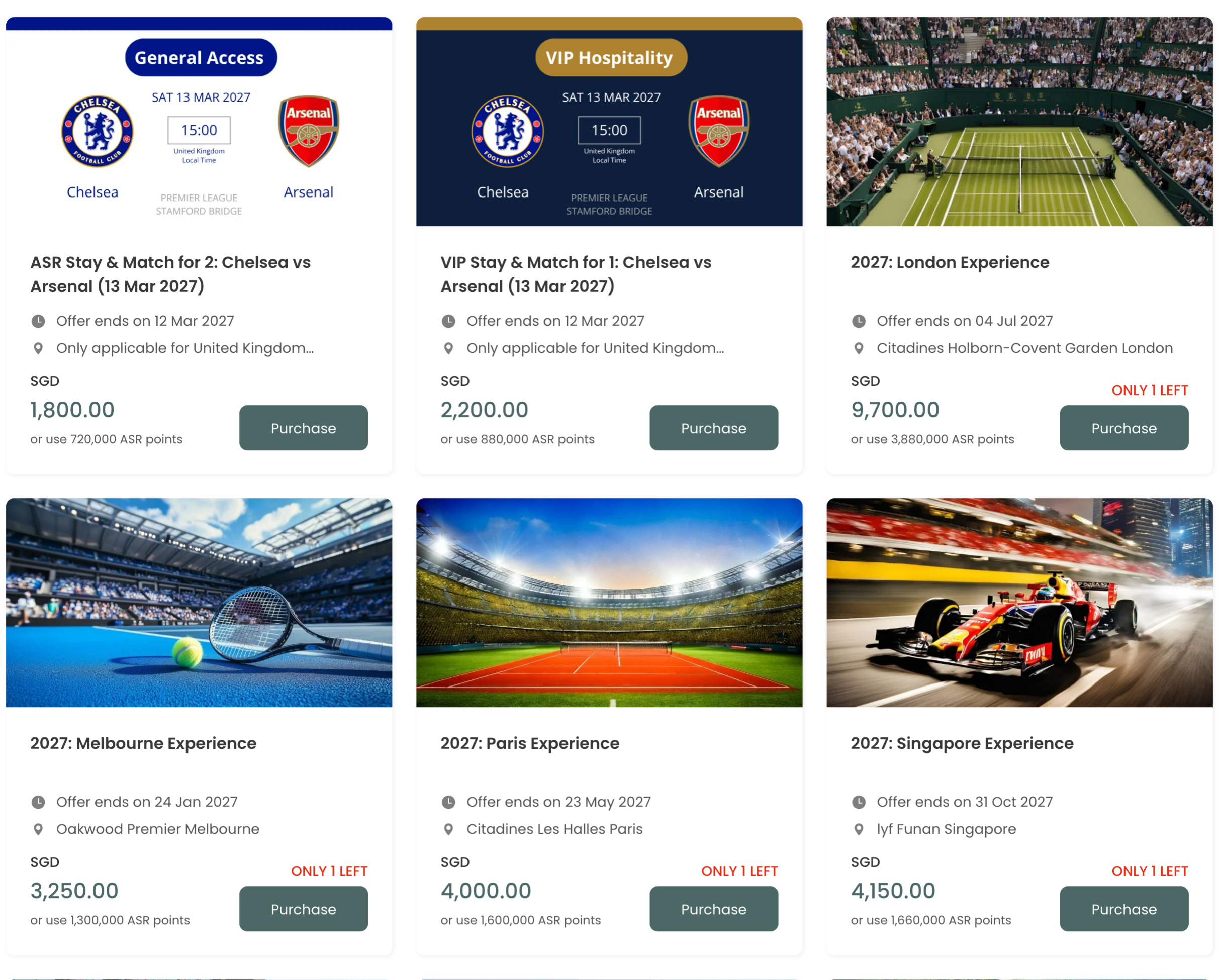 ASR Experiences shop showing Chelsea Stay and Match packages at 720,000 and 880,000 points and the 2027 London, Melbourne, Paris, and Singapore experiences priced in cash or points