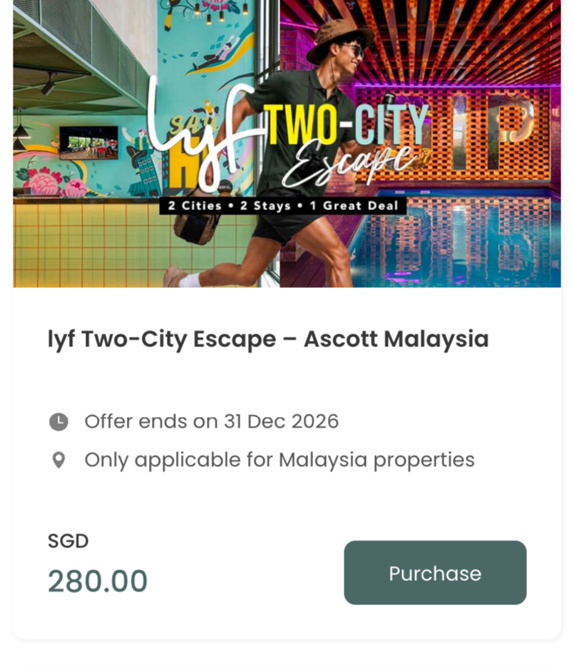 lyf Two-City Escape package from Ascott Malaysia listed on the ASR Experiences shop for S$280, offer ends December 31, 2026