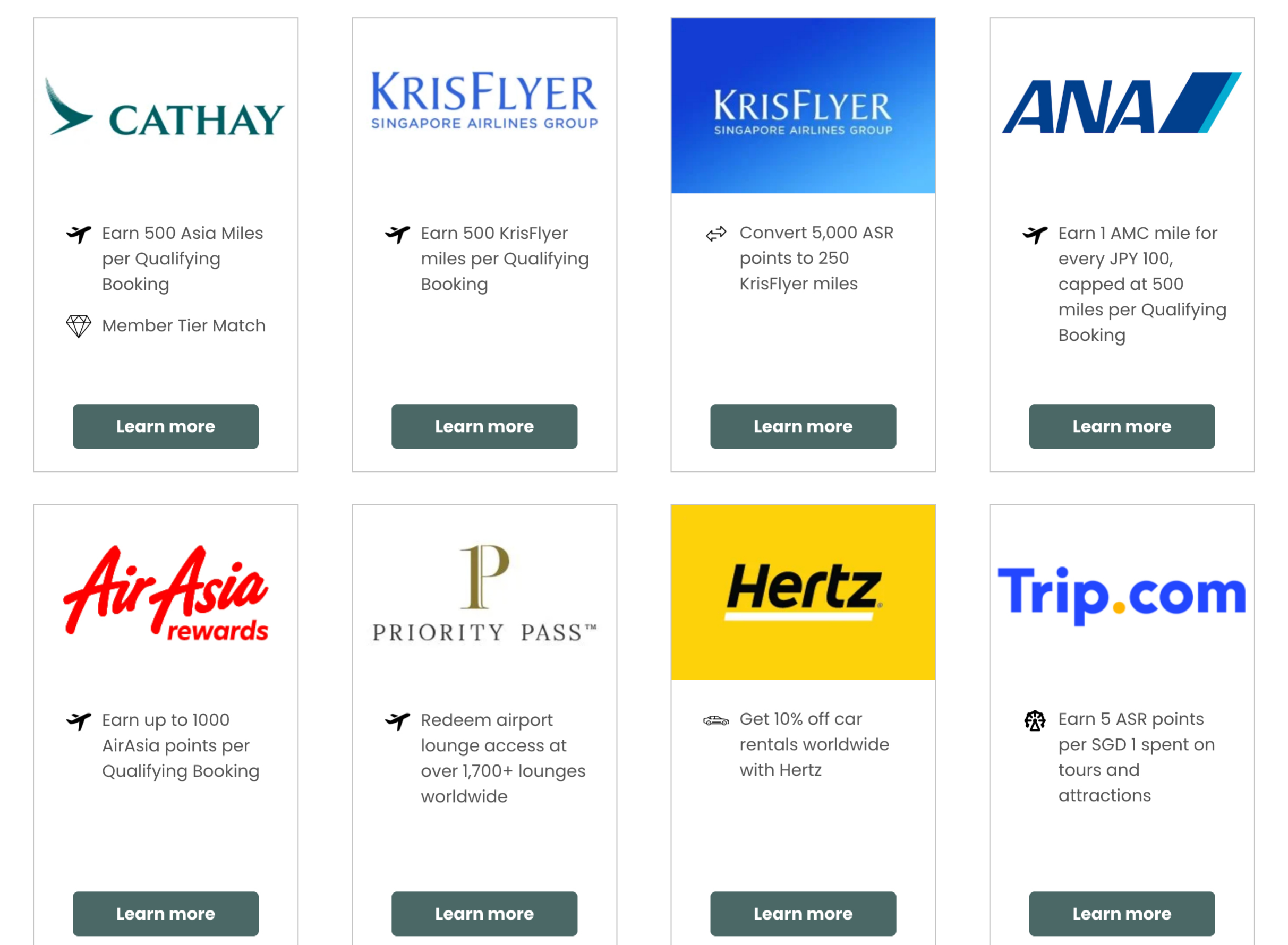 Ascott Star Rewards Partner Offers page showing Cathay Pacific, KrisFlyer, ANA, AirAsia rewards, Priority Pass, Hertz, and Trip.com partner cards