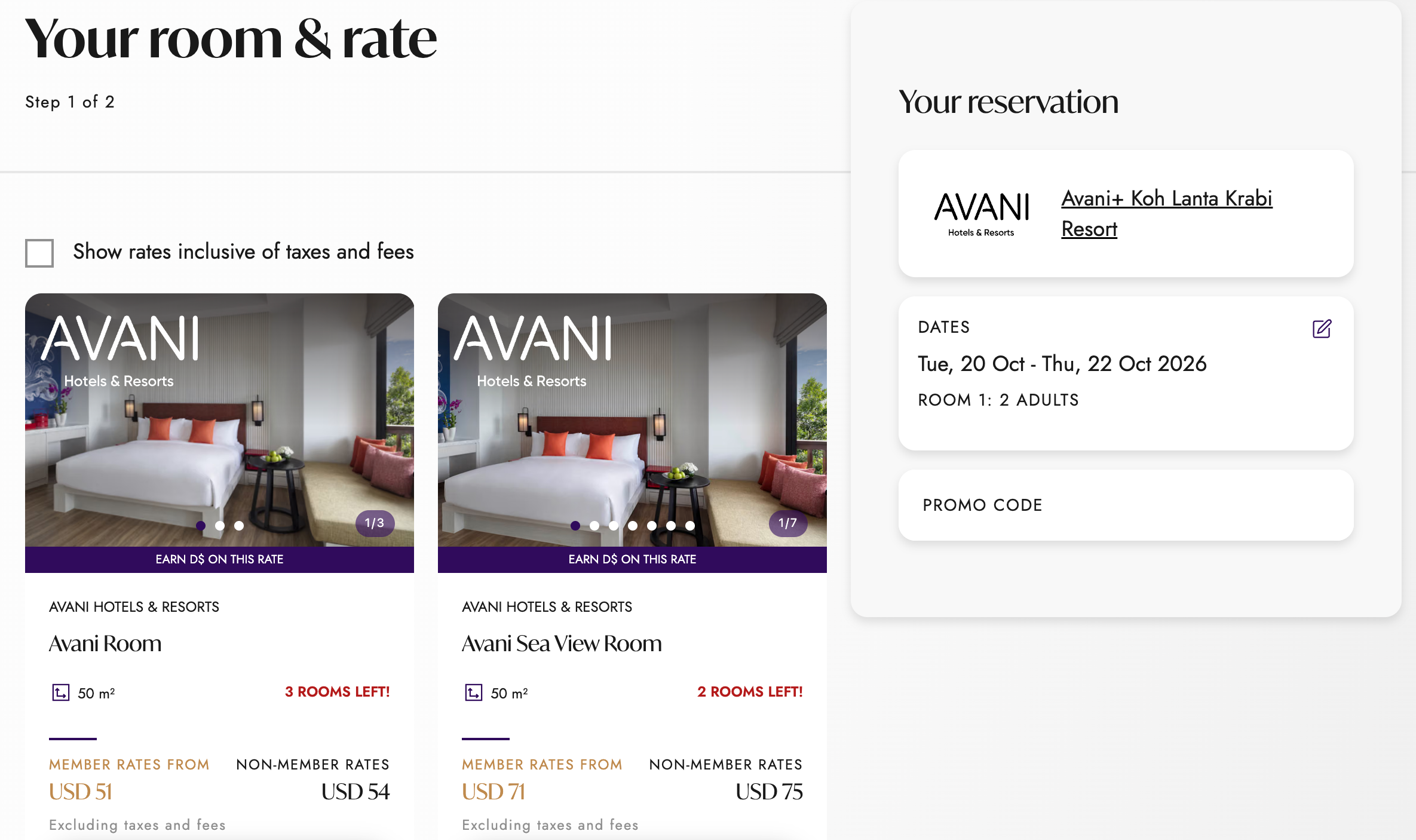 GHA Discovery booking page for Avani+ Koh Lanta Krabi Resort showing an Avani Room from 51 US dollars per night at the member rate for October 20 to 22, 2026