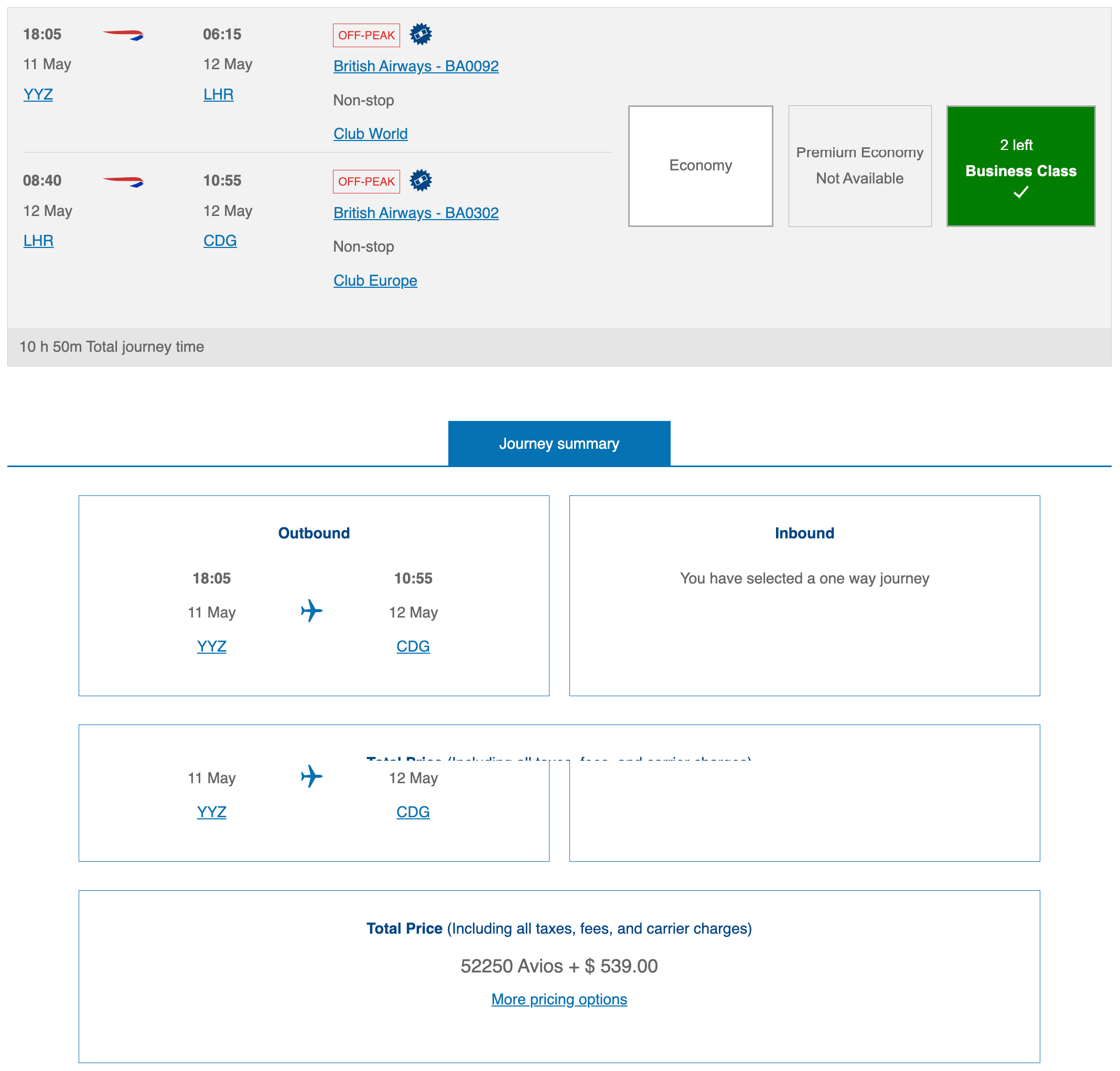 British Airways booking from Toronto to Paris via London in business class on off-peak dates at 52,250 Avios plus $539 one way with the Companion Voucher applied