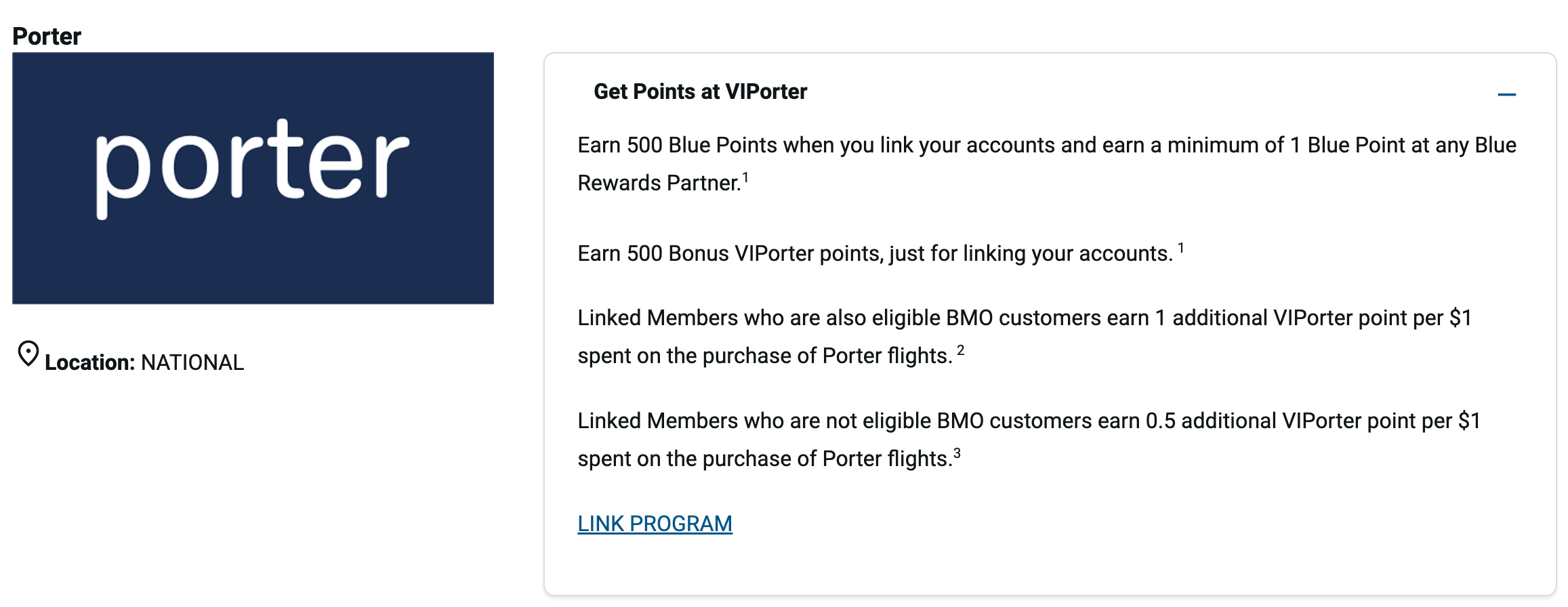 Blue Rewards Porter partner page listing the linking bonuses and extra VIPorter earn rates with a Link Program button
