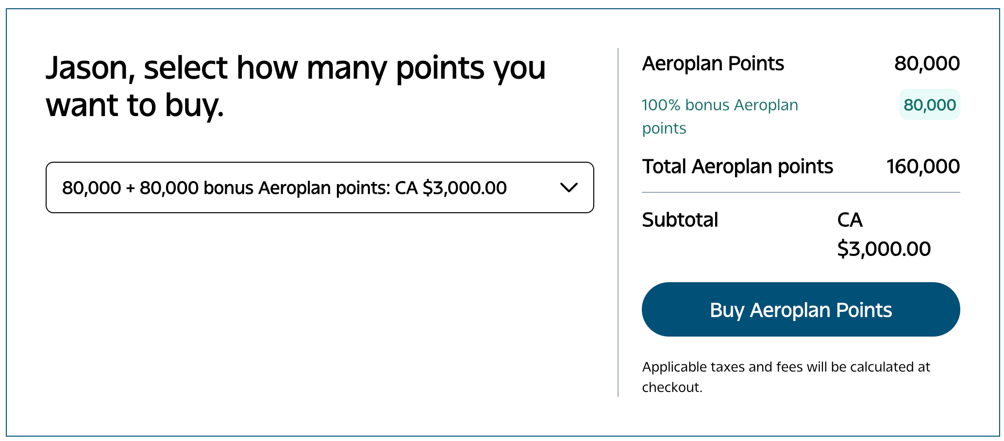 Aeroplan Buy Points cart showing 80,000 points plus an 80,000-point bonus for CA $3,000
