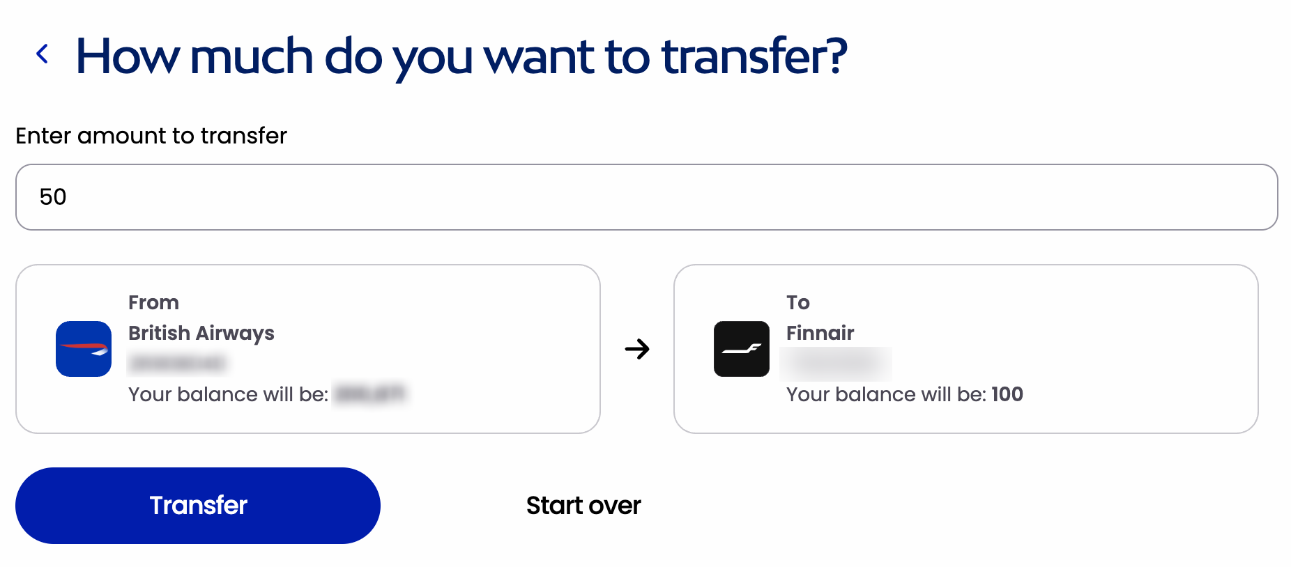 Avios Combine screen transferring 50 Avios from British Airways Club to Finnair Plus