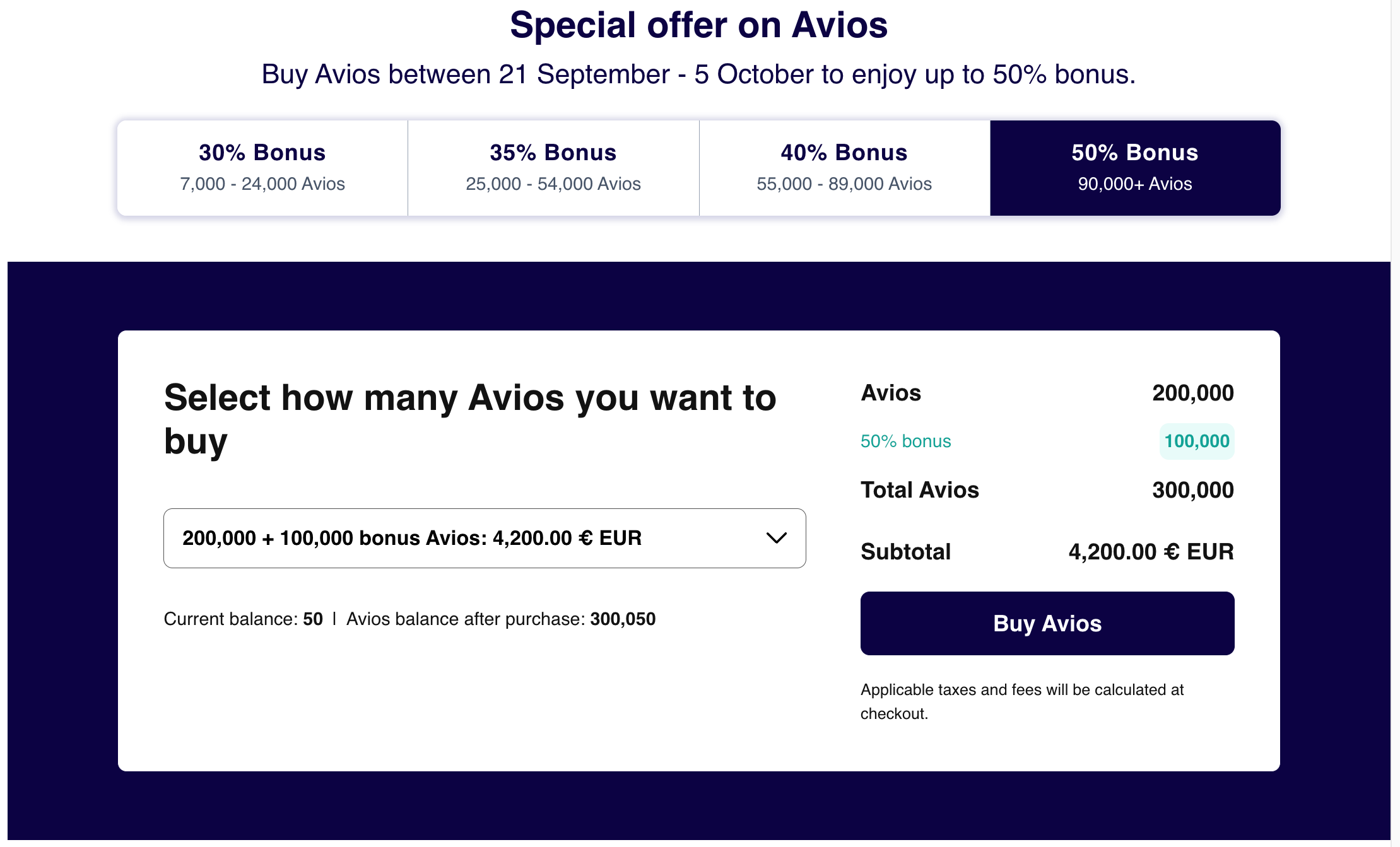 Finnair Shop special offer page showing the 30%, 35%, 40%, and 50% bonus tiers, with 200,000 Avios plus 100,000 bonus Avios priced at 4,200 euros