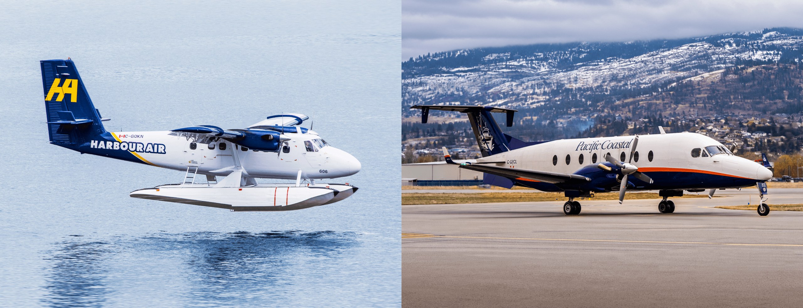 Harbour Air seaplane and Pacific Coastal Airlines aircraft side by side