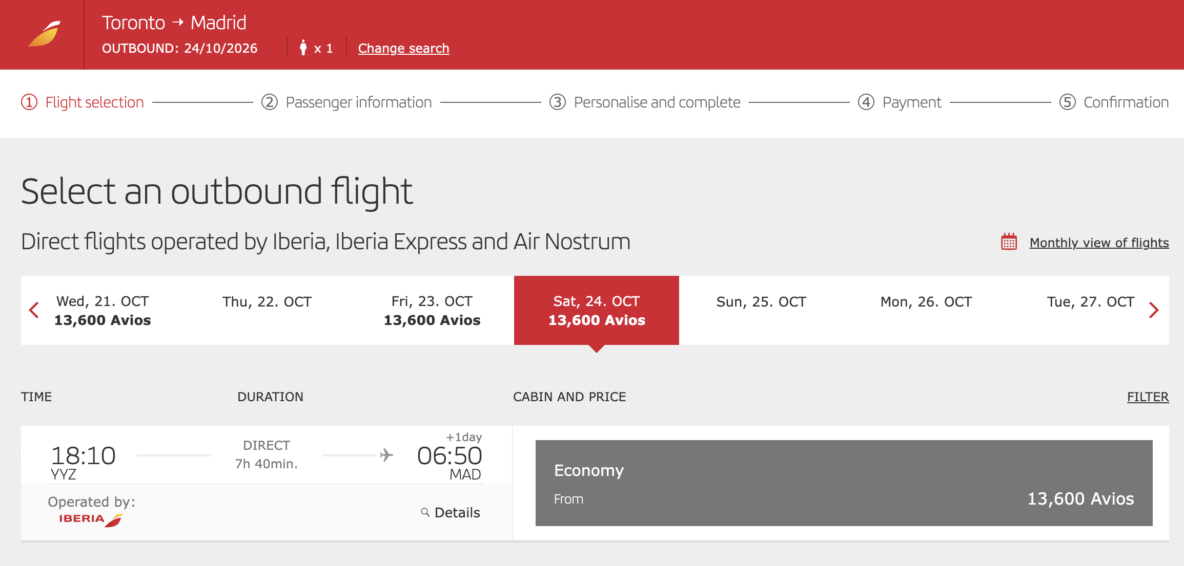 Iberia Club award search showing Toronto to Madrid economy for 13,600 Avios on October 24, 2026 after the 15% discount