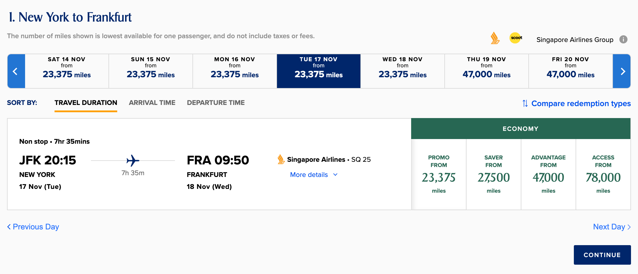 KrisFlyer Global Redemption Sale award search showing New York (JFK) to Frankfurt (FRA) in economy on SQ25 for 23,375 miles under the Promo column